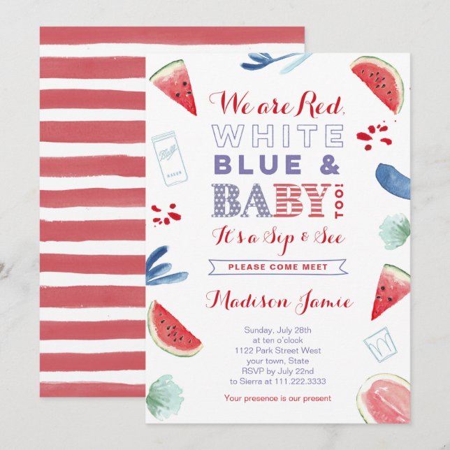 4th July Sip and See invite Cards, Red White Blue (Front/Back)