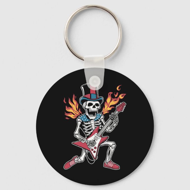 4th July Skeleton Playing Guitar Rock And Roll Usa Keychain (Front)