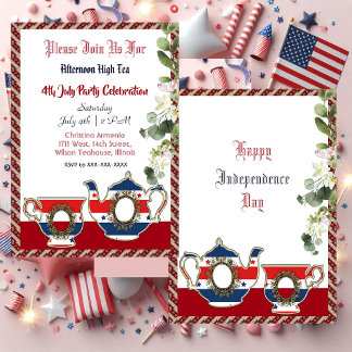 4th July Vintage Teapot Afternoon High Tea Party  Invitation