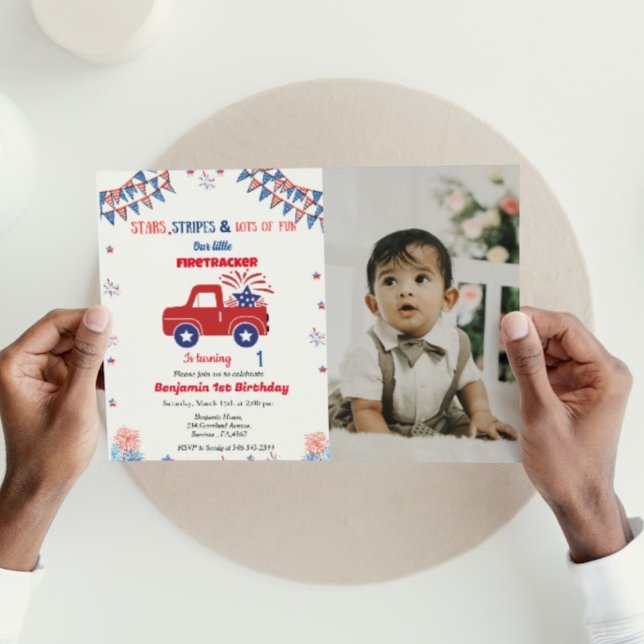 4th of july 1st birthday red & blue  firetracker invitation (Creator Uploaded)