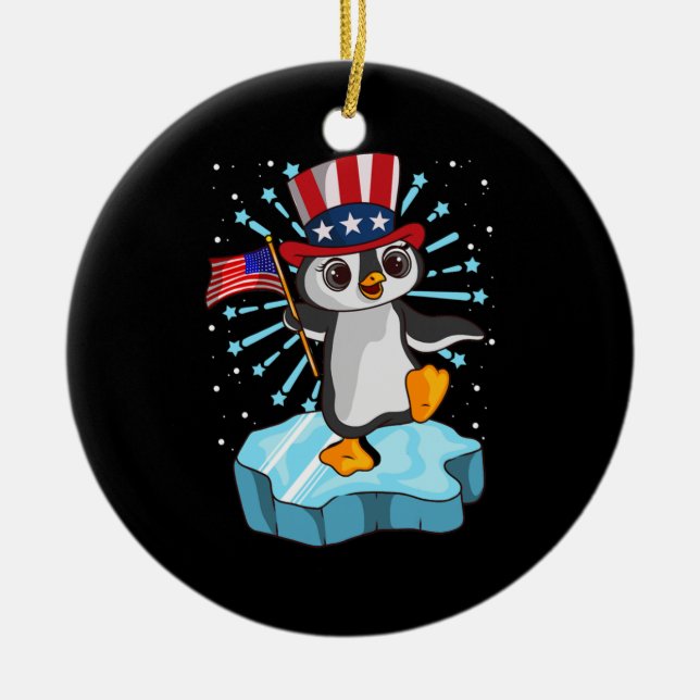 4th Of July 2021 Penguin Ceramic Ornament (Front)