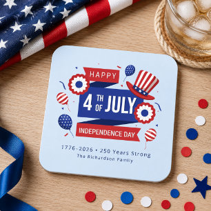 4th of July 250th Anniversary Family Square Paper Coaster