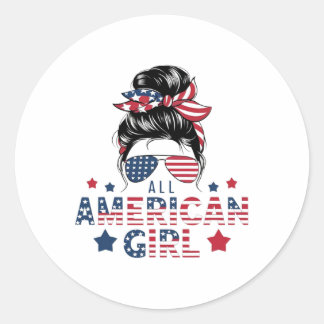 4th Of July All American Girls Messy Bun Women Usa Classic Round Sticker