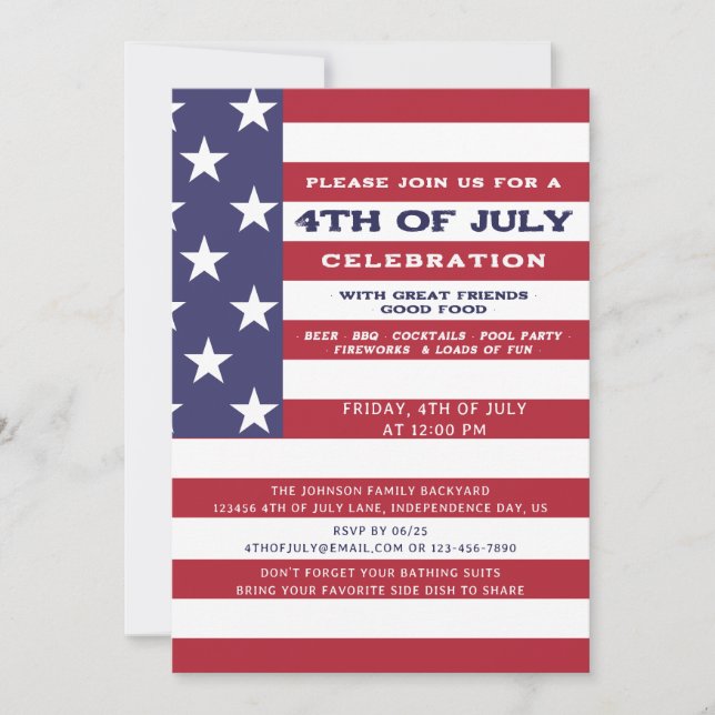 4th of July American BBQ Cookout Family Pool Party Invitation (Front)
