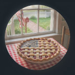4th of July American Flag Cherry Pie Paper Plate<br><div class="desc">Cherry pie with an American flag lattice crust on a red and white checkered tablecloth by a farmhouse window</div>