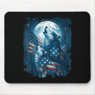 4th Of July American Flag Wolf Howling Moon Wolves Mouse Pad