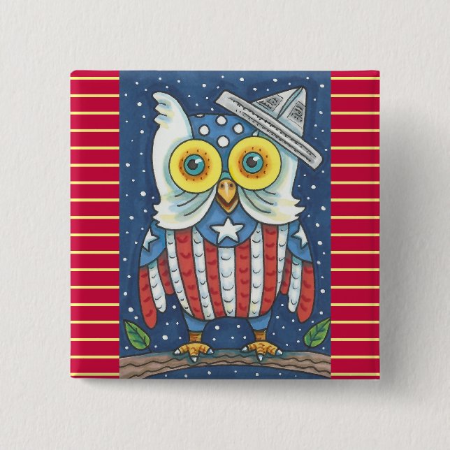 4TH OF JULY AMERICAN OWL, BIRD BUTTON Square (Front)