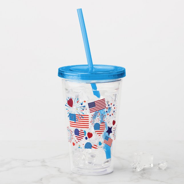 4th of July American USA Flag Heart Flag Fireworks Acrylic Tumbler (Front Ice)