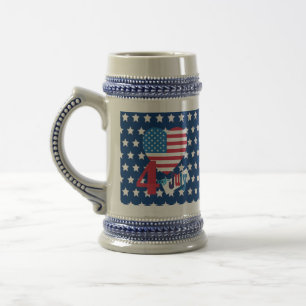 4th of July American USA Flag Heart Flag Fireworks Beer Stein