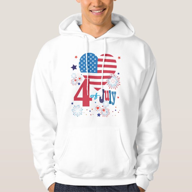4th of July American USA Flag Heart Flag Fireworks Hoodie (Front)