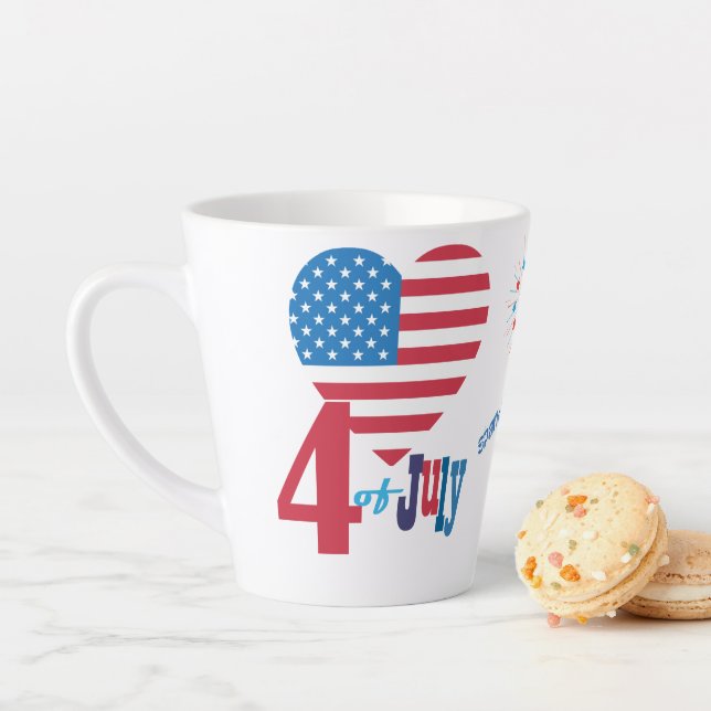 4th of July American USA Flag Heart Flag Fireworks Latte Mug (In Situ)