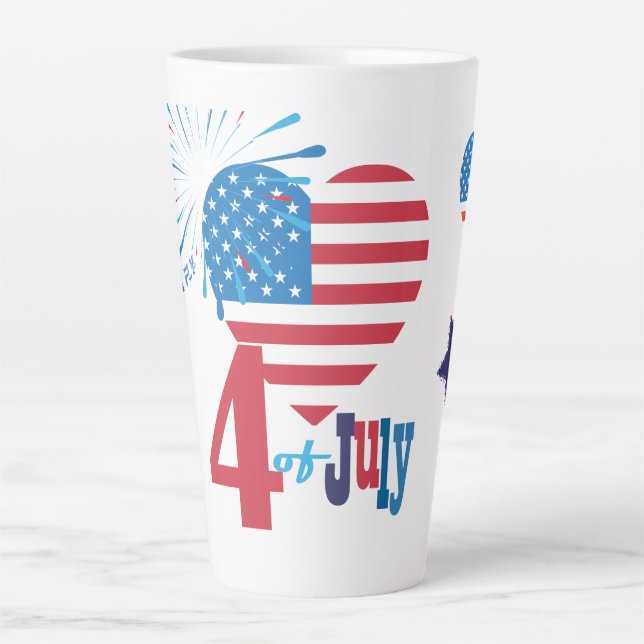 4th of July American USA Flag Heart Flag Fireworks Latte Mug (Front)