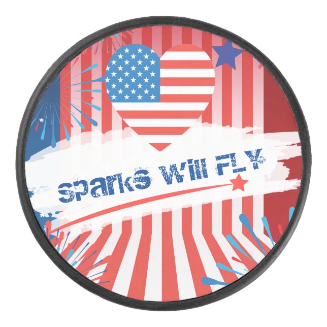4th of July American USA Flag Heart Personalized Hockey Puck (Front)