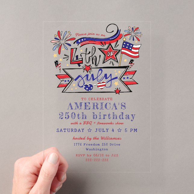 4th of July Backyard BBQ & Fireworks America 250 Acrylic Invitations (Insitu (Handheld))