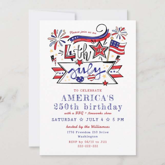 4th of July Backyard BBQ & Fireworks America 250 Invitation (Front)