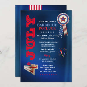 4th of July Barbecue Potluck Party  Invitation