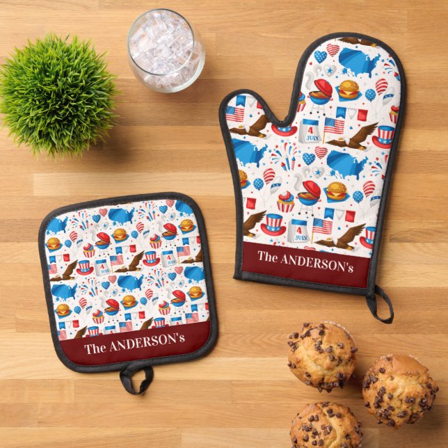 4th of July BBQ American Flag Pattern Oven Mitt & Pot Holder Set (Top Down)