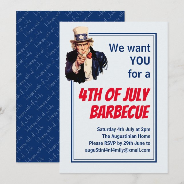 4TH OF JULY BBQ BARBECUE Uncle Sam Customized Invitation (Front/Back)