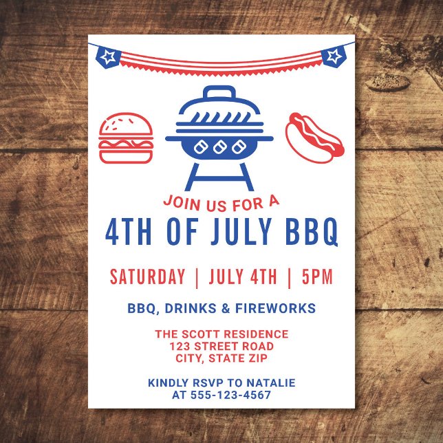 4th Of July BBQ Burger Hotdog Cookout Modern Invitation (Modern 4th of July BBQ invitation on a wooden chopping board background.)