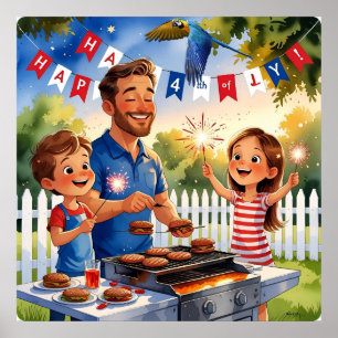 4th of July BBQ" Cartoon Family & Sparklers Poster