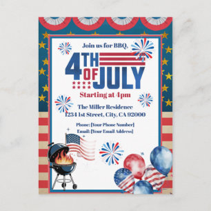 4th Of July BBQ Invitation, Party In USA Invite Postcard
