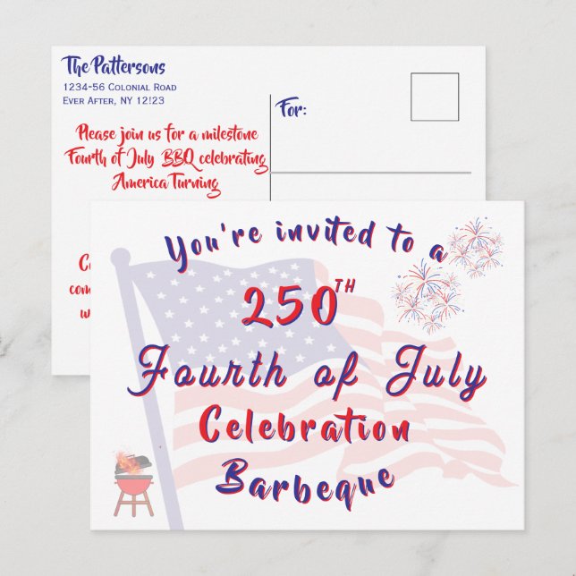 4th of July BBQ Invitation Patriotic Script Postcard (Front/Back)