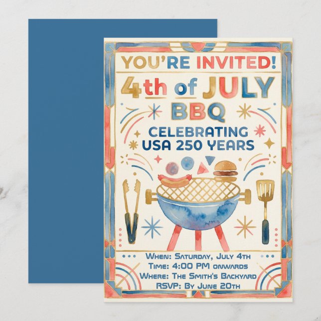 4th of July BBQ Invitation – USA 250 Years (Front/Back)