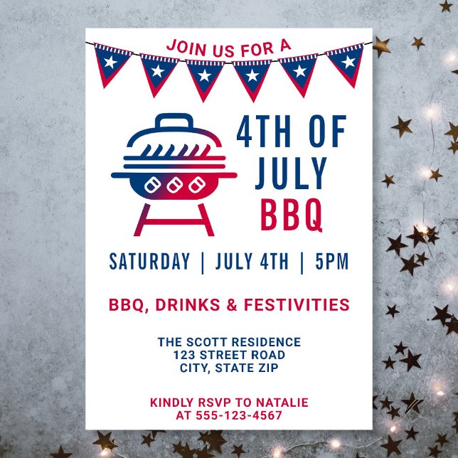 4th Of July BBQ Modern Bold Simple Invitation (Invitation on gray background with stars and lights. )