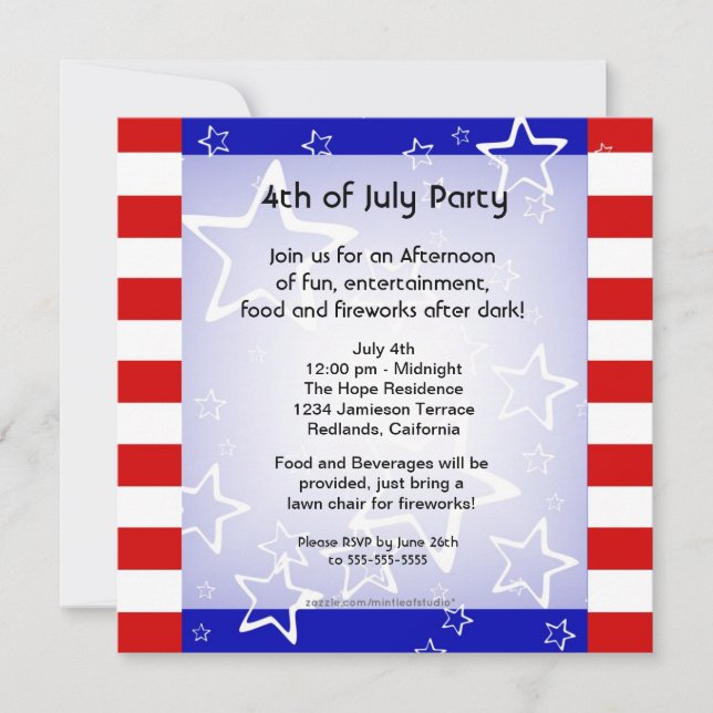 4th of July Bbq / Party Invitation Red White Blue (Front)