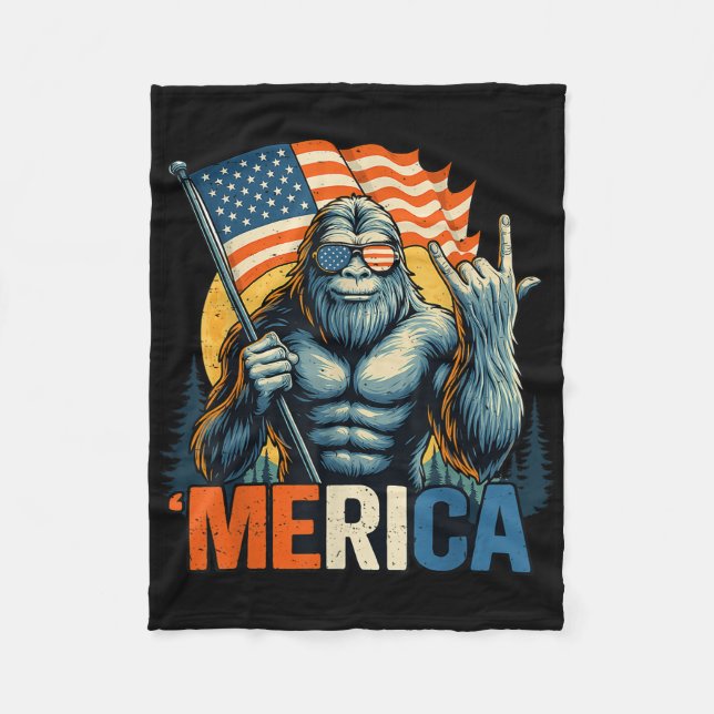 4th Of July Bigfoot Merica Rock American Flag Patr Fleece Blanket (Front)