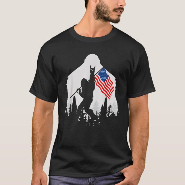 4th of July Bigfoot Sasquatch USA American Flag  T-Shirt (Front)