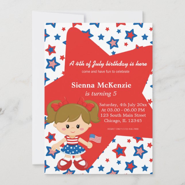 4th of July birthday girl Invitation (Front)