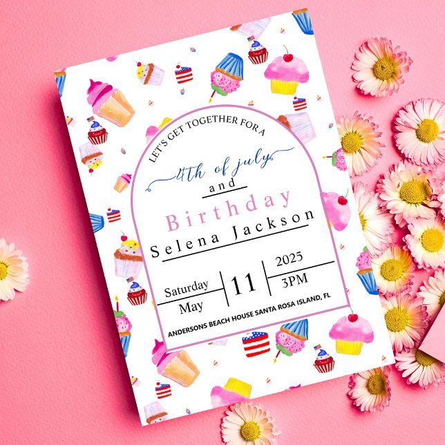 4th of July birthday  pink cupcake with USA flag  Invitation (Creator Uploaded)