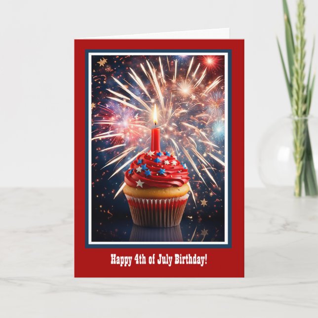 4th of July Birthday with Cupcake Candle  Card (Front)