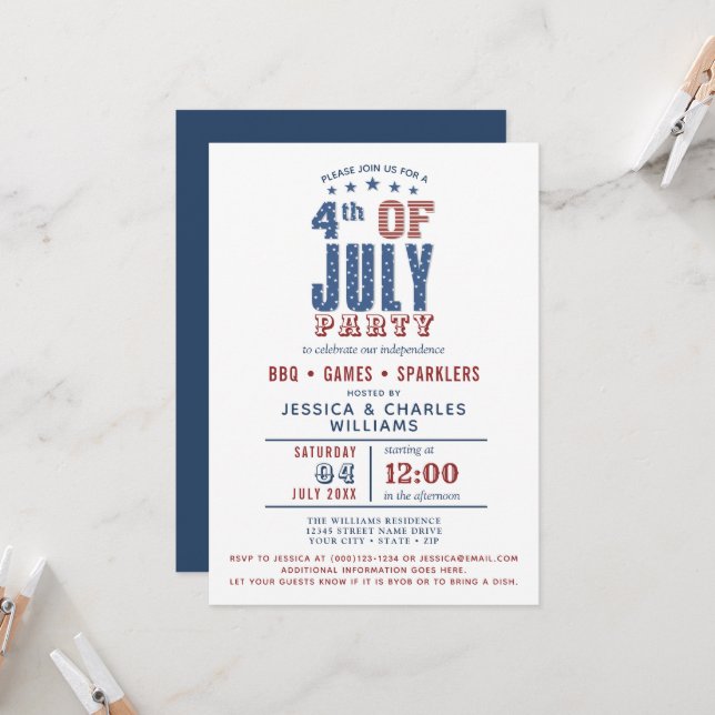  4th of July Blue Red Stars Stripes Invitation (Front/Back In Situ)