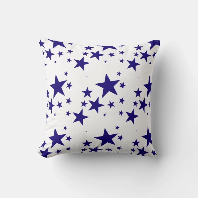 4th of July Blue Star Splash Pattern on White Throw Pillow (Front)