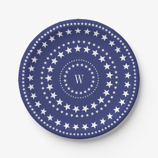 4th Of July Blue Stars Monogram Party Paper Plates (Front)