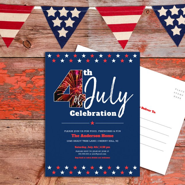 4th of July Bold Modern Fireworks USA Patriotic Invitation Postcard (Creator Uploaded)