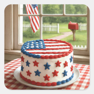 4th of July Cake on a Tablecloth Square Sticker