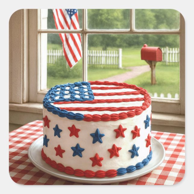 4th of July Cake on a Tablecloth Square Sticker (Front)