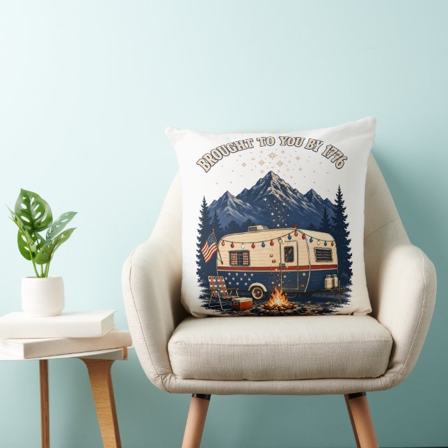 4th Of July Camping Trailer Mountains Throw Pillow (Chair)