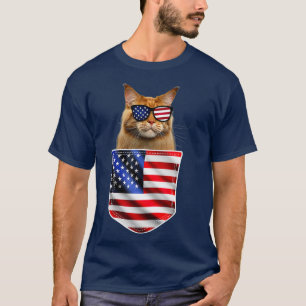 4th of July Cat American Flag In Pocket Cat T-Shirt