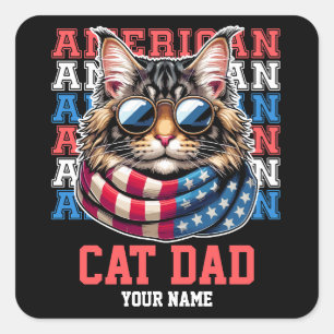 4th of July Cat in Glasses Cat Dad Personalized Square Sticker