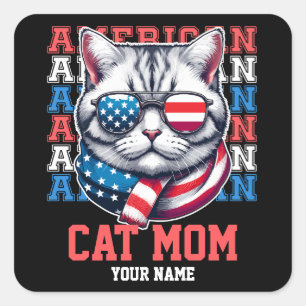 4th of July Cat in Glasses Cat Mom Personalized Square Sticker