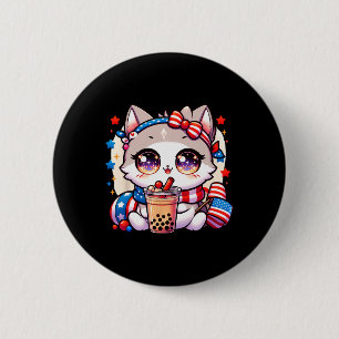 4th Of July Cat Shirt Girls Kawaii Anime Boba Tea  2 Inch Round Button