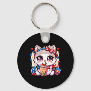 4th Of July Cat Shirt Girls Kawaii Anime Boba Tea Keychain