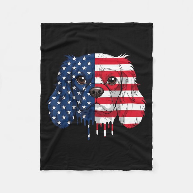 4th Of July Cavalier King Charles Spaniel Dog Flag Fleece Blanket (Front)
