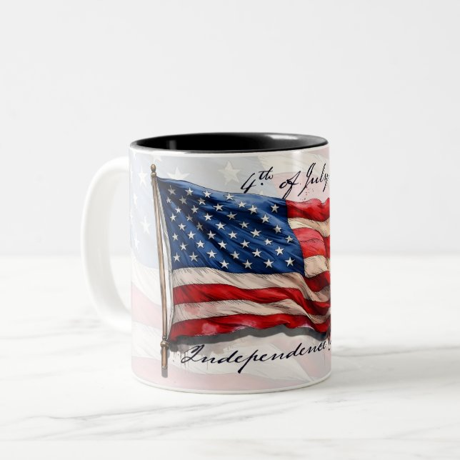 4th of July – Celebrate with US Flag Two-Tone Coffee Mug (Front Left)