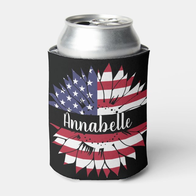 4th of July Custom Red White and Blue Sunflower Can Cooler (Can Front)