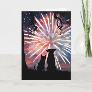 4th of July Cute Dog and Cat Watching Fireworks  Card